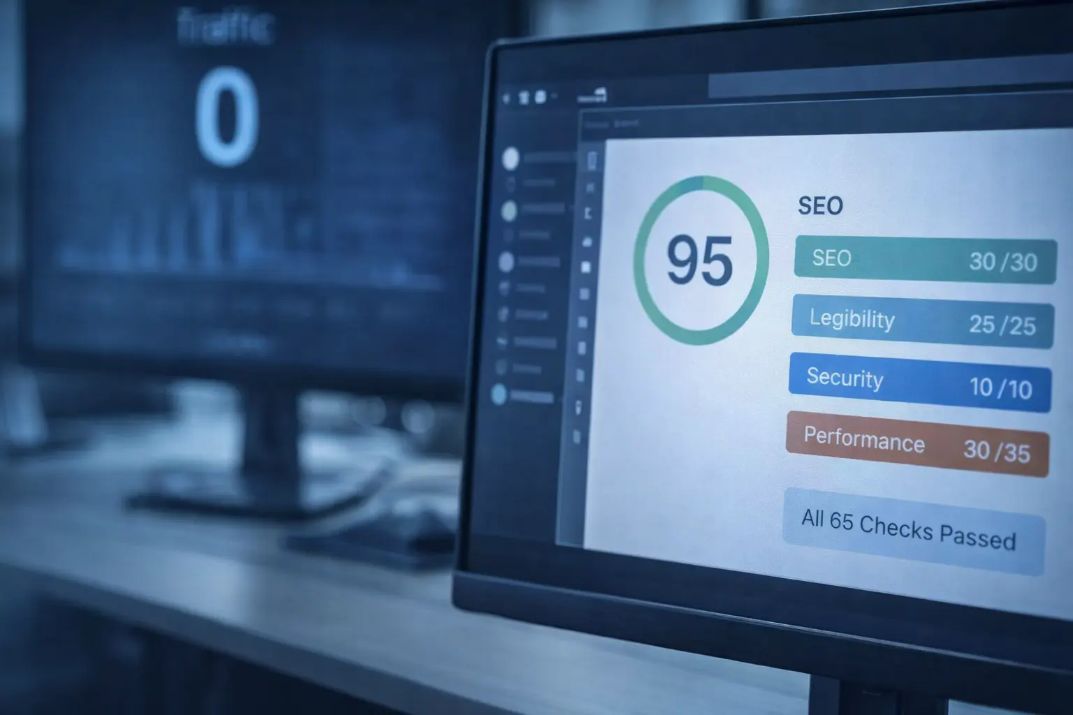 電腦螢幕特寫顯示 SEO 工具高分數報表，背景模糊呈現零流量數據，冷色調燈光營造對比氛圍